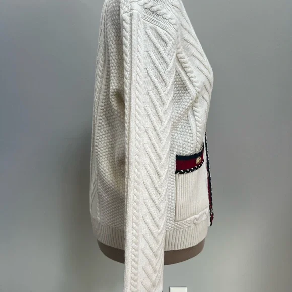 New Maje White Cardigan with Red and Black Trim Wool L - Picture 3 of 8